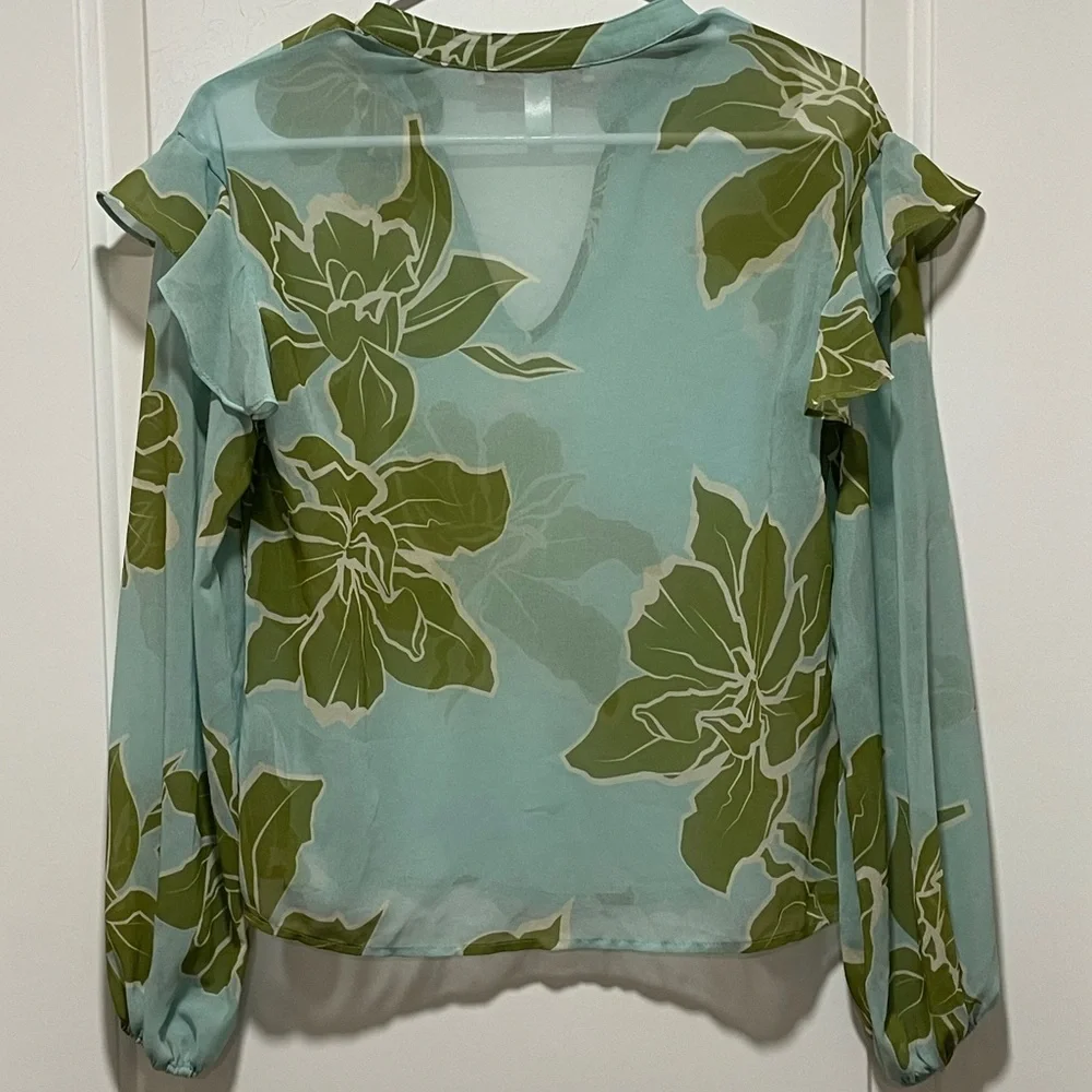Anthropologie Hutch XXS Olive & Aqua Floral Ruffle Sleeve V Neck Sheer Blouse - Picture 6 of 9